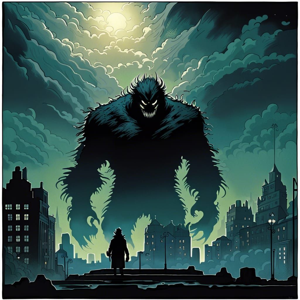 Gargantuan Monster in Fog: Comic Book Art