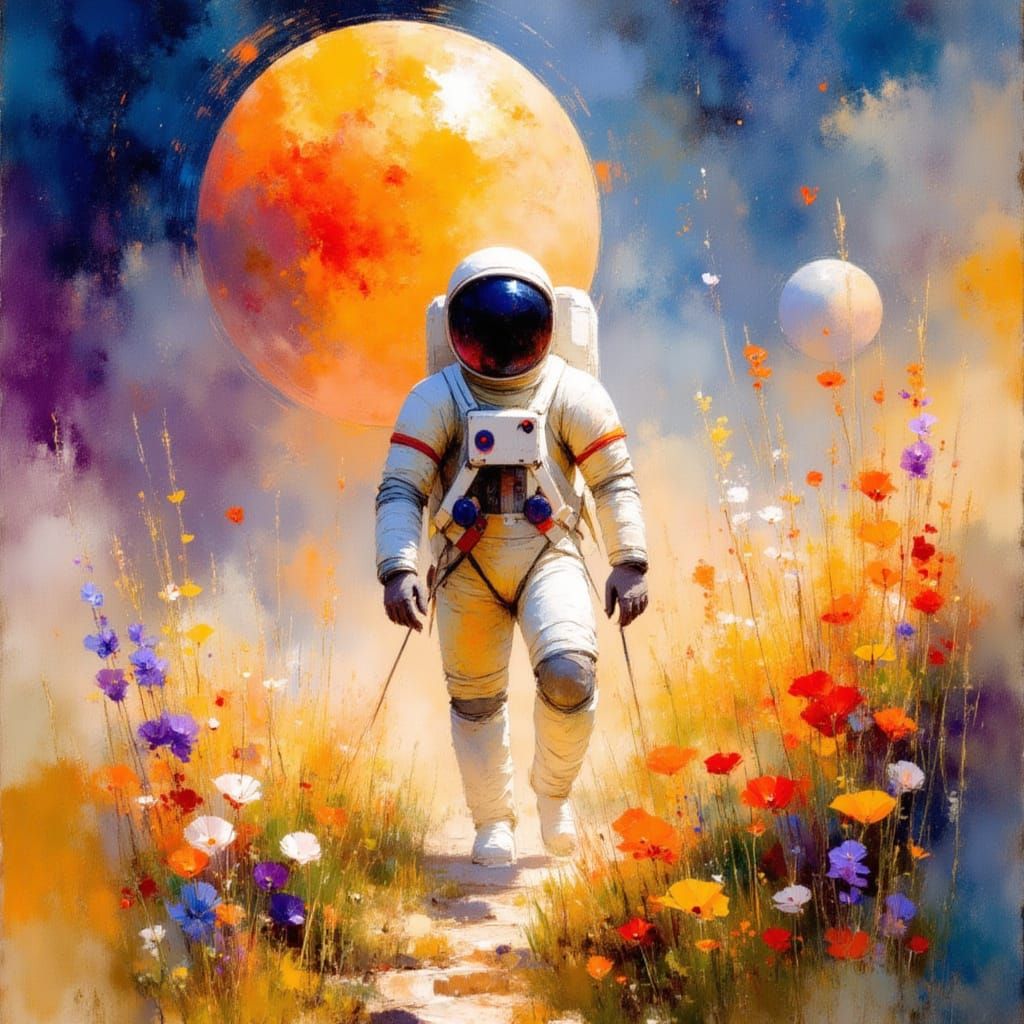 Astronaut Discovers Vibrant Cosmic World in Watercolor Style