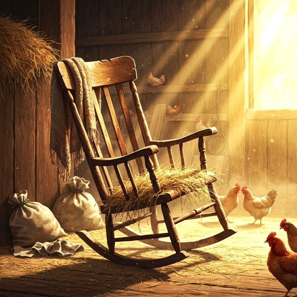Broken Rocking Chair in Sunlit Barn: Watercolor Art