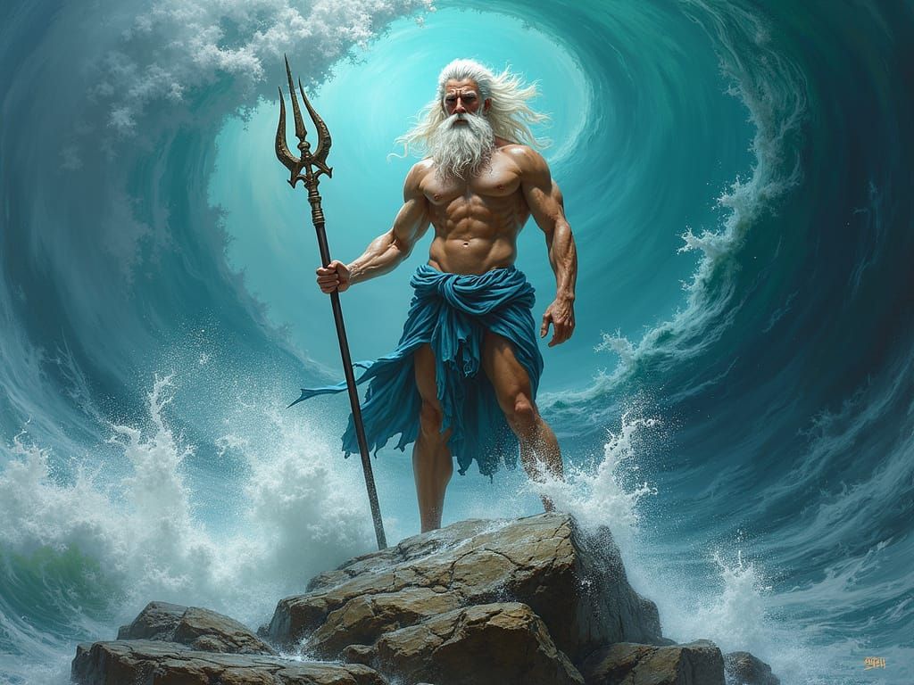Majestic Poseidon in Dramatic, Surreal Style