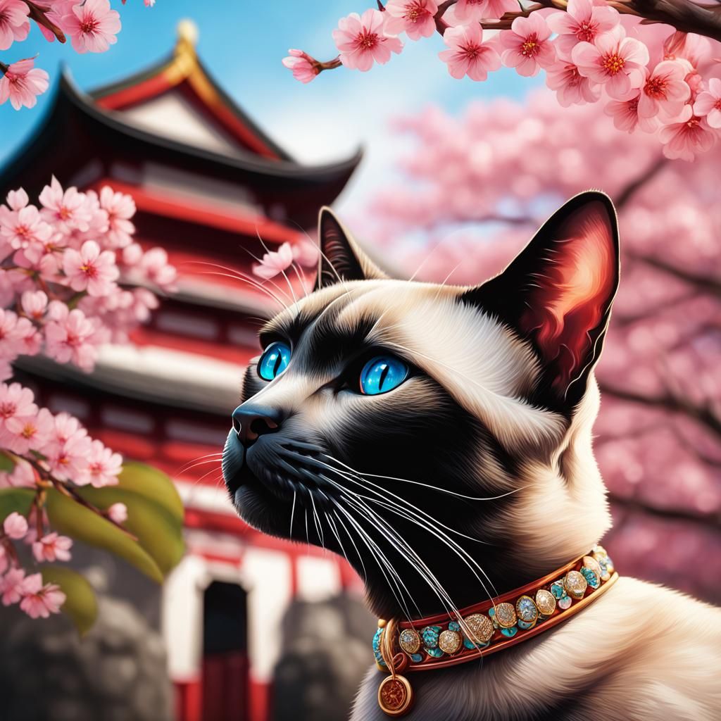 Siamese Cat in Japanese Temple: Hyperrealistic Concept Art