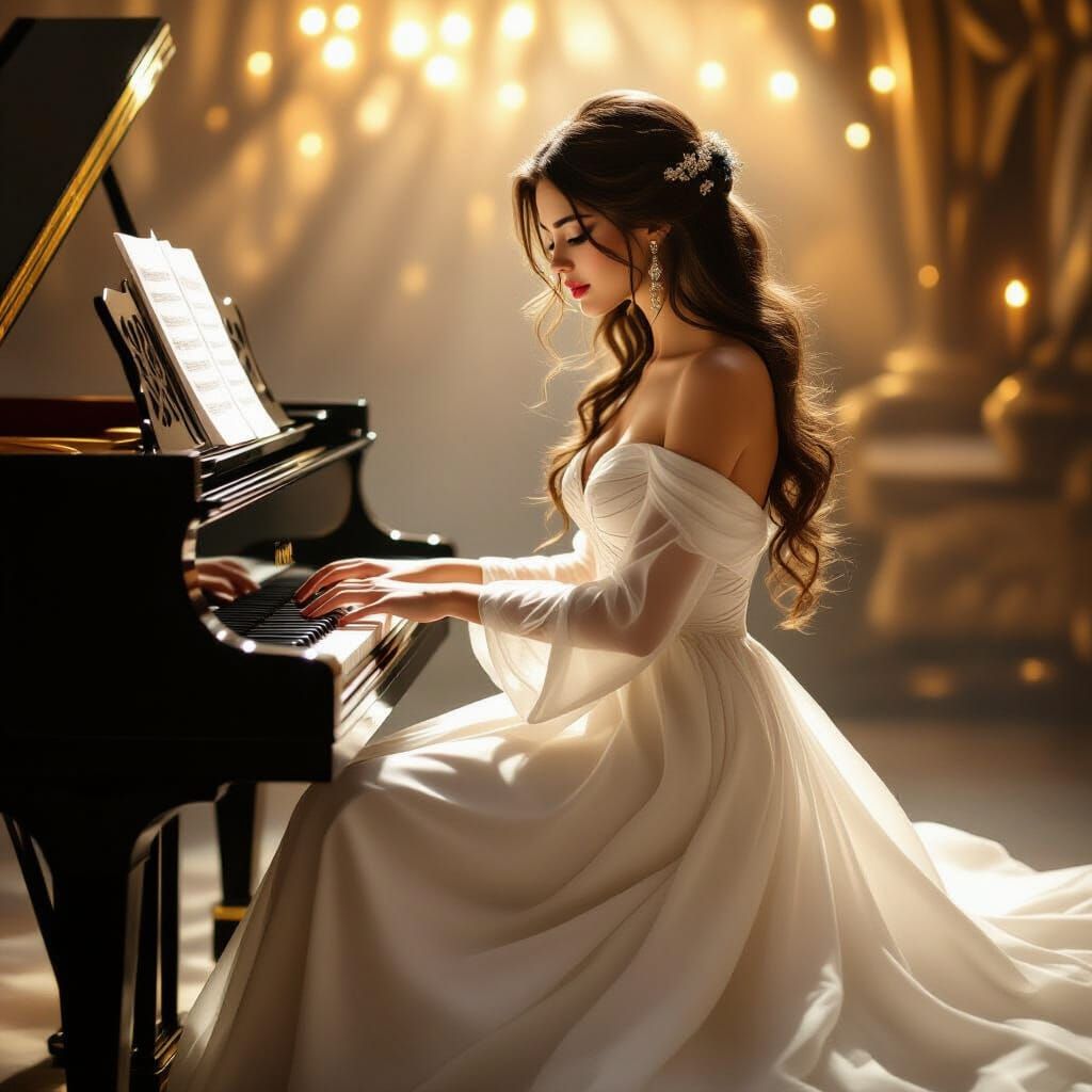 Woman in White Gown Plays Piano on Stage in Golden Light
