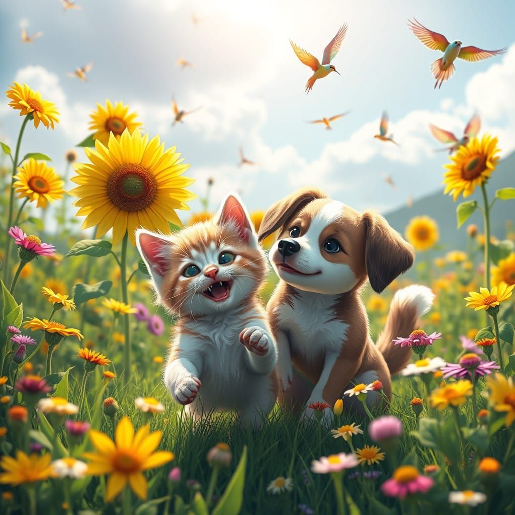Whimsical Kitten and Puppy in a Vibrant Meadow Landscape