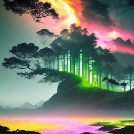 Futuristic Computer Forest Split Screen Digital Art