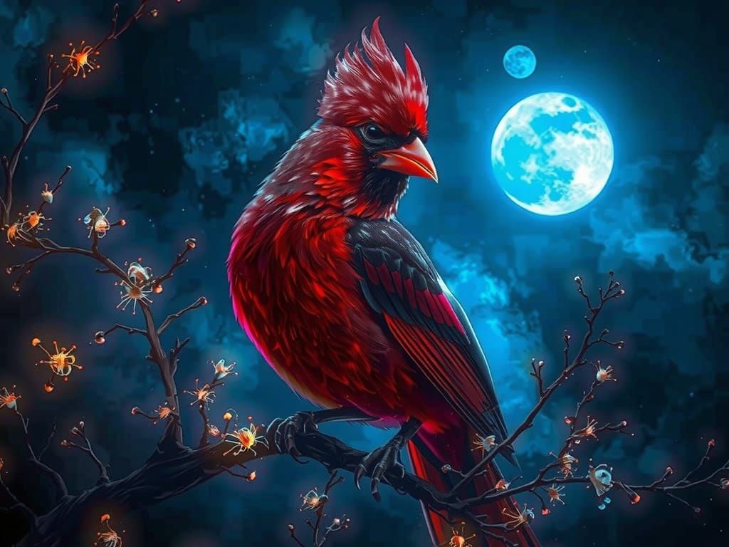 Surreal Blue Moon Cardinal Illuminates Nighttime Landscape