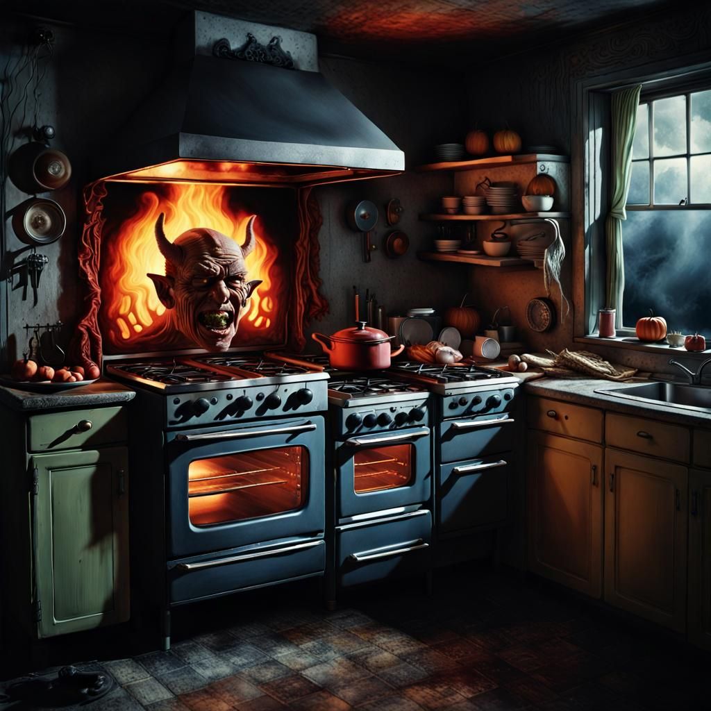 Spooky Kitchen Appliances with Demon Face, Matte Painting