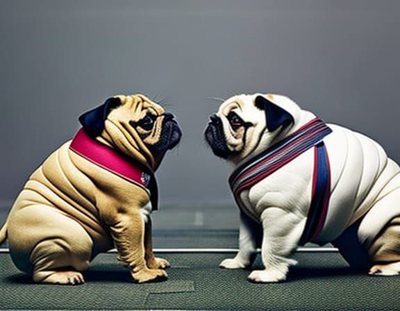 Sumo Wrestler Pugs Face Off: Detailed Color Portrait