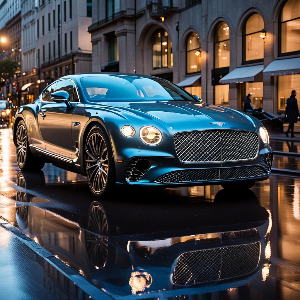 Bentley Continental GT from the year 2024 parked by a curb on a rainy city street, reflections glimmering on its polishe...