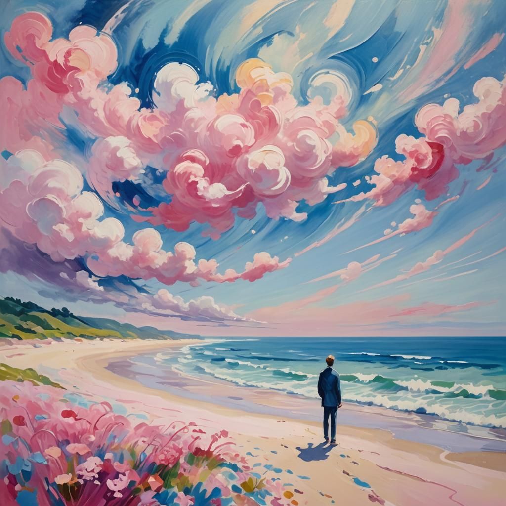 Dreamy Impressionist Landscape with Figure on Candy Beach
