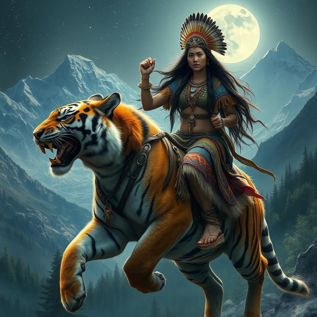 Himalayan Woman Rides Saber-Tooth Tiger in Moonlight