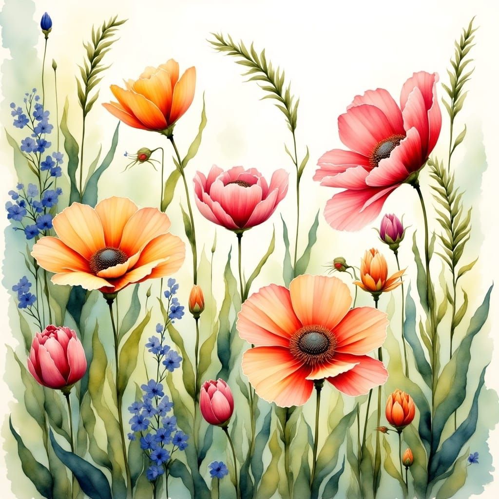 <lora:Antique Watercolor 2:1.0> Flower garden close up sketch