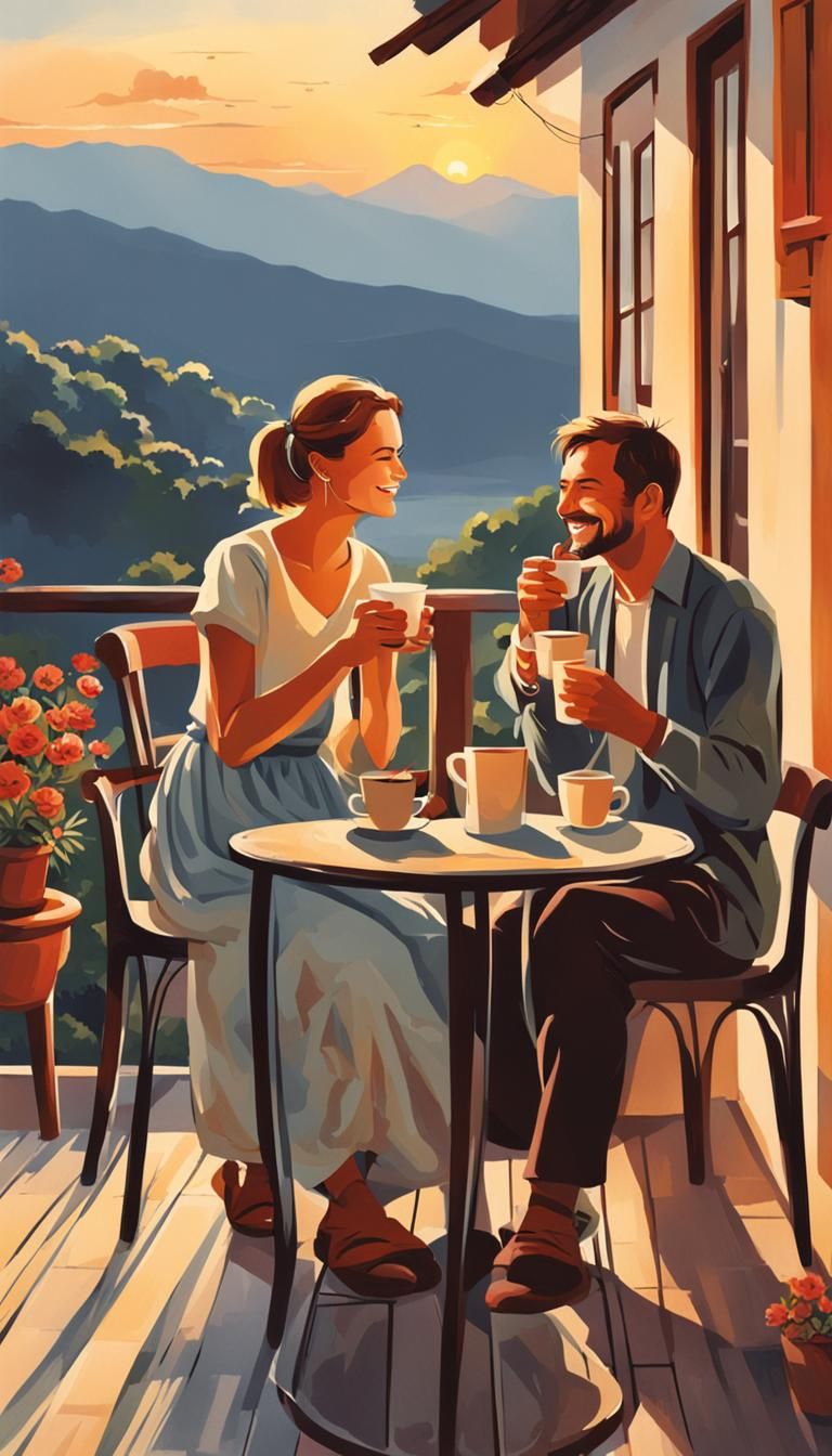 Couple Enjoying Morning Coffee on Terrace