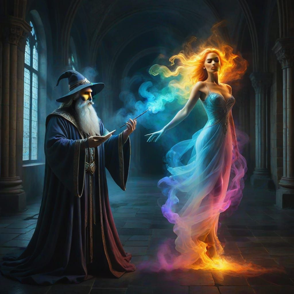 Mystical Conjuration of a Sensual Woman in a Dimly Lit Hall