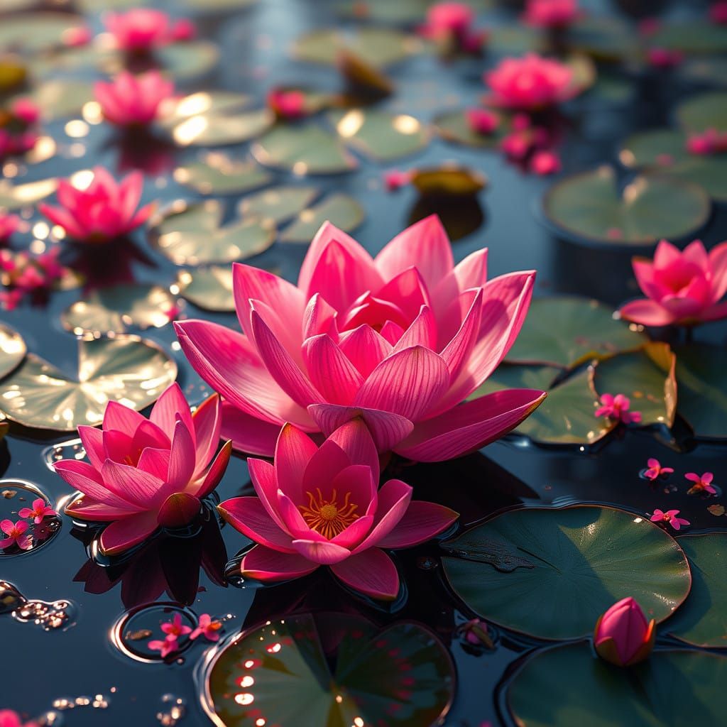 Whimsical Lily Pond in a Fantastical Rose-Filled Paradise