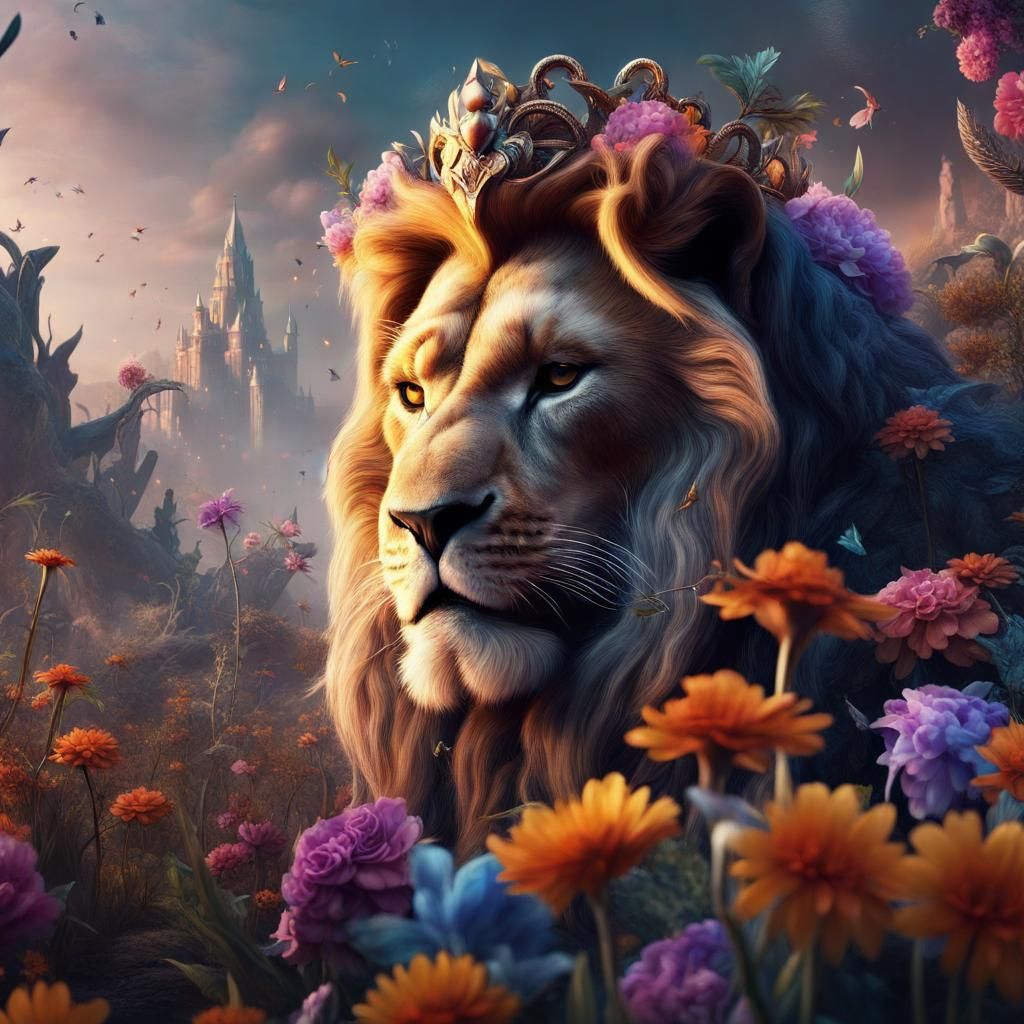 Animal King in Floral Paradise: Detailed Matte Painting