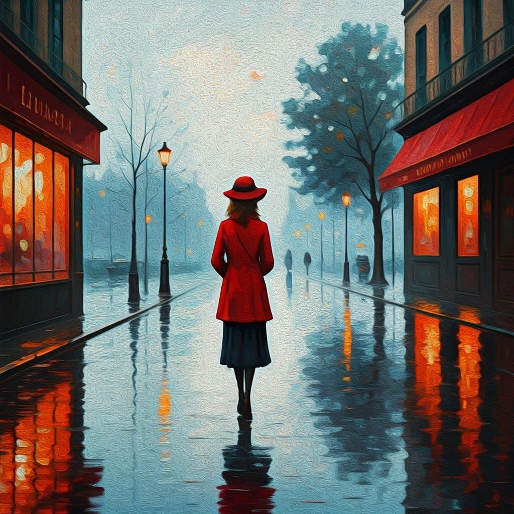 Rainy Day in Bagard: Impressionist Woman in Red