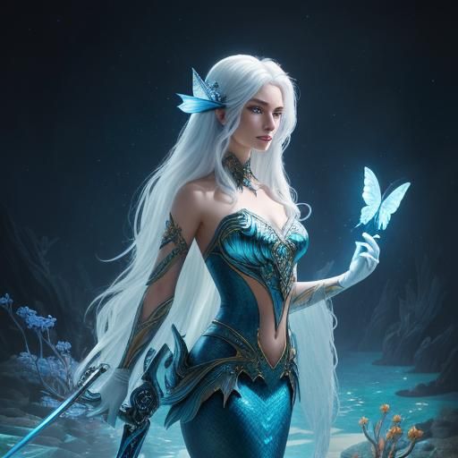 Young Mermaid with Magic Sword on Coral Reef