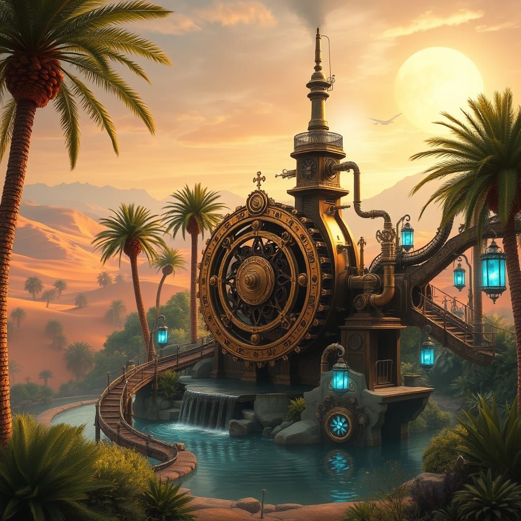 Steampunk Oasis at Sunset