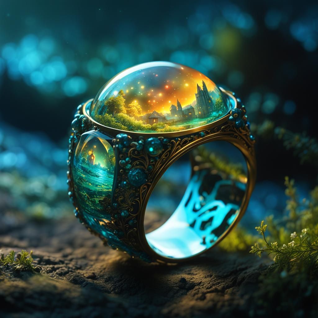 Bioluminescent Glass Ring with Fantasy Scene