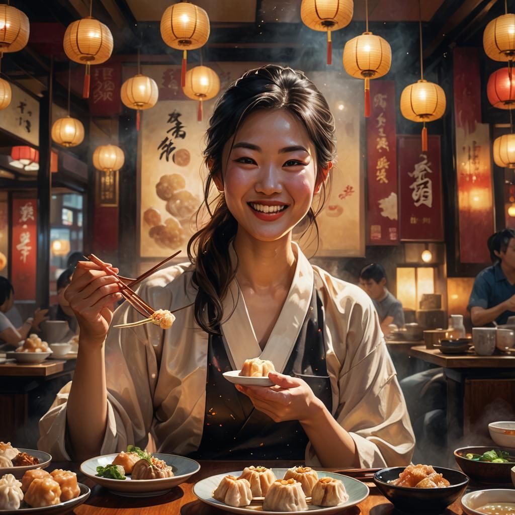 Japanese Woman Enjoys Dim Sum: Hyperrealistic Close-Up