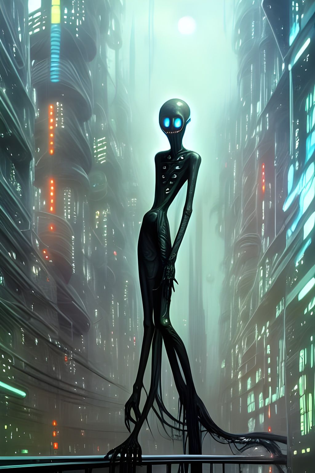 Eldritch Alien in Cyberpunk City, Cel-Shaded Render