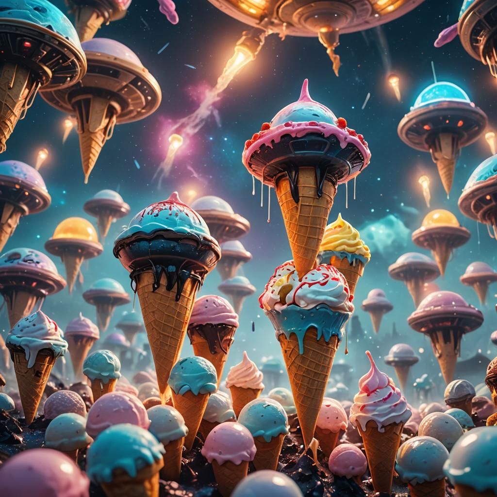 Aliens Deliver Ice Cream to UFO in Digital Art
