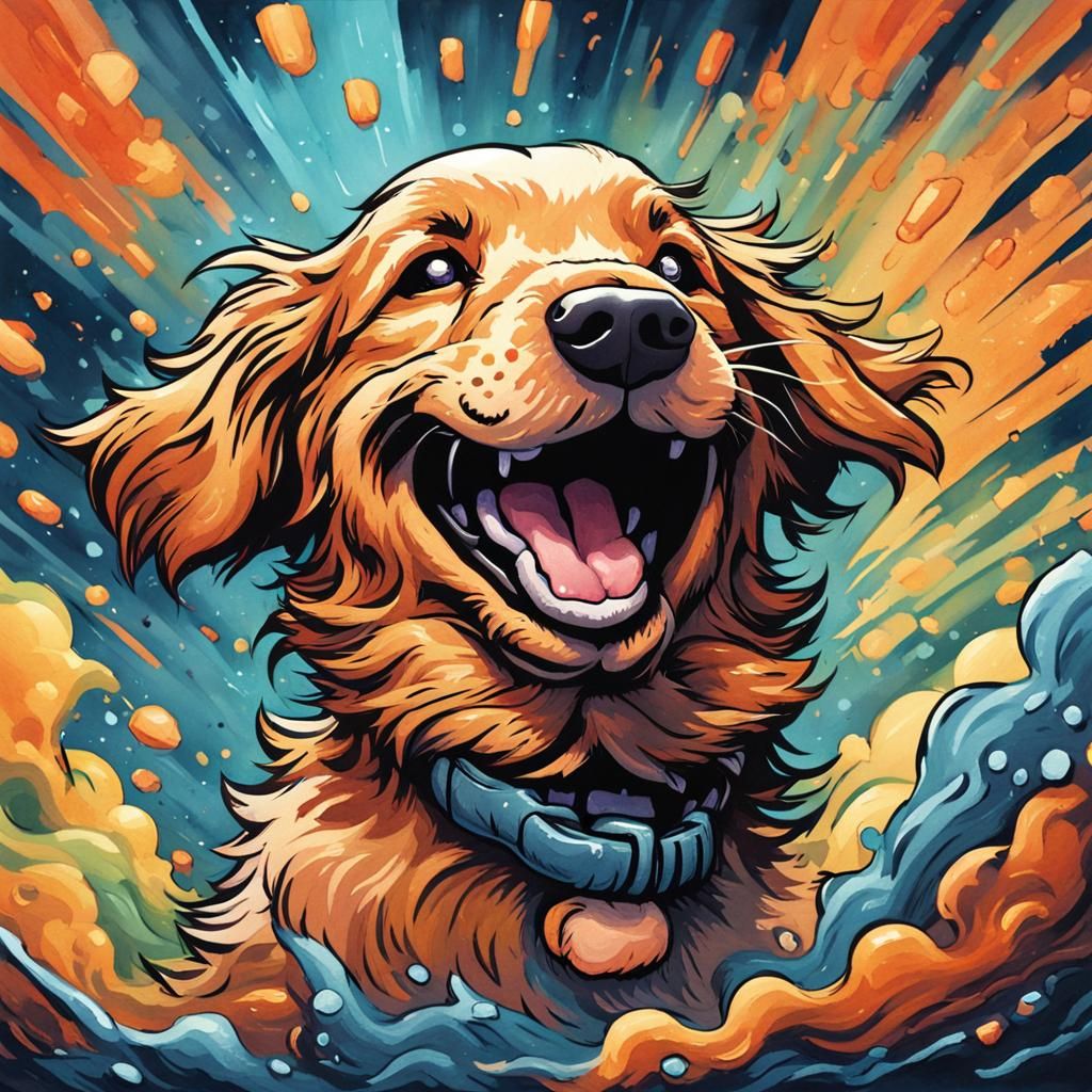 Laughing Dog in Gouache Comic Book Art
