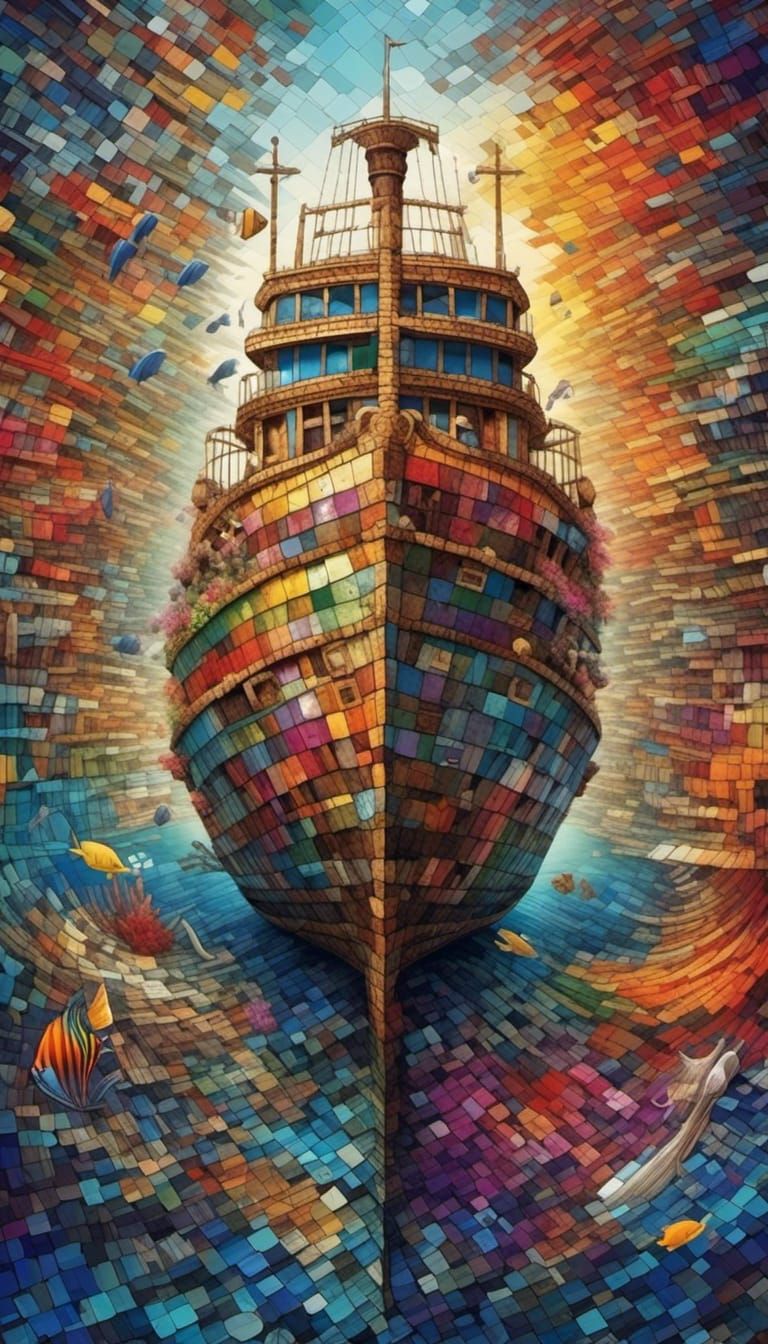 Sunken Ship Mosaic: Vivid Underwater Art