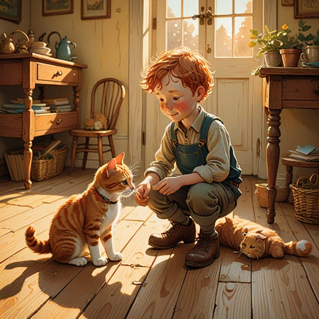 Whimsical Toddler Boy Plays with Ginger Cat on Wooden Floor