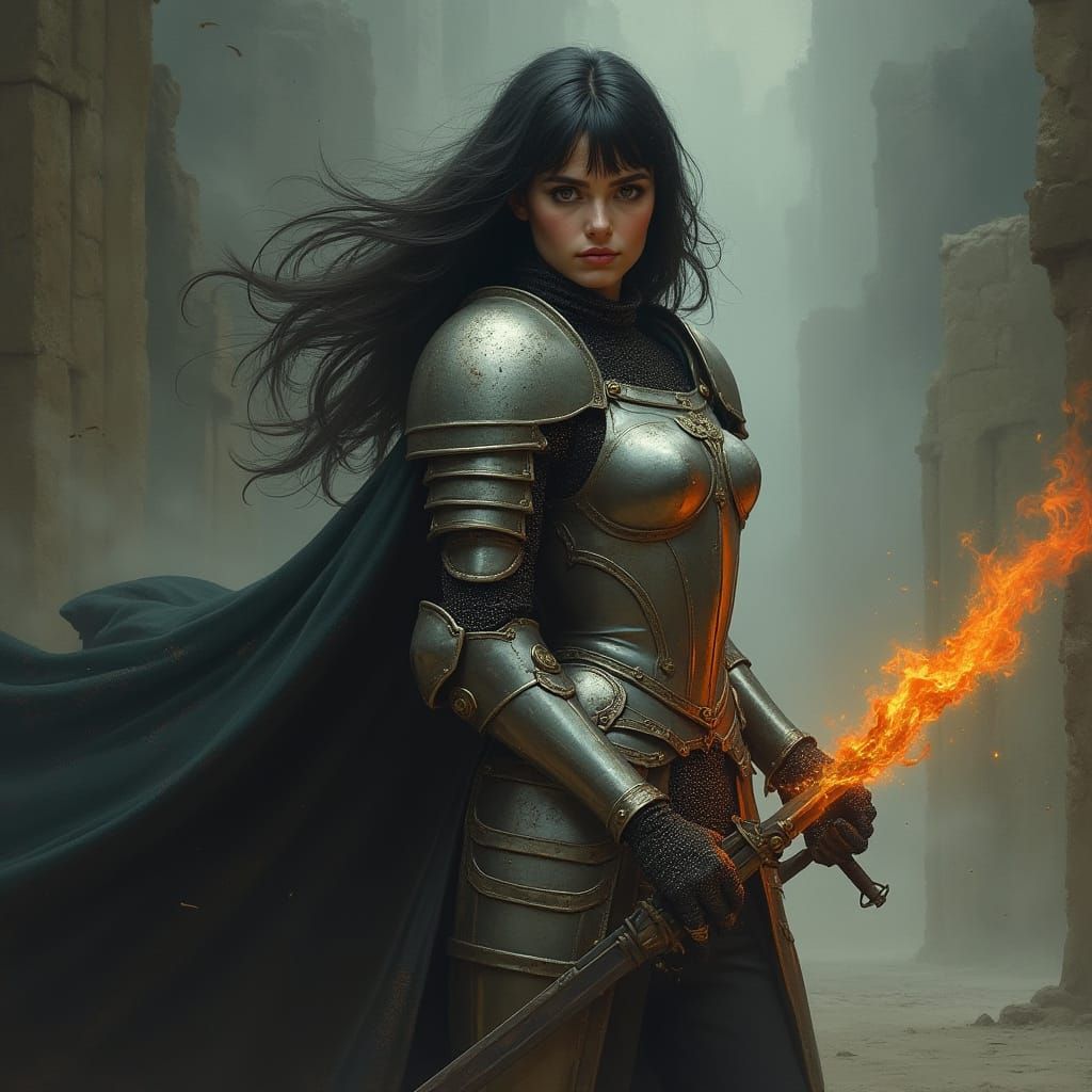 Female Knight with Flaming Sword in Frazetta Style