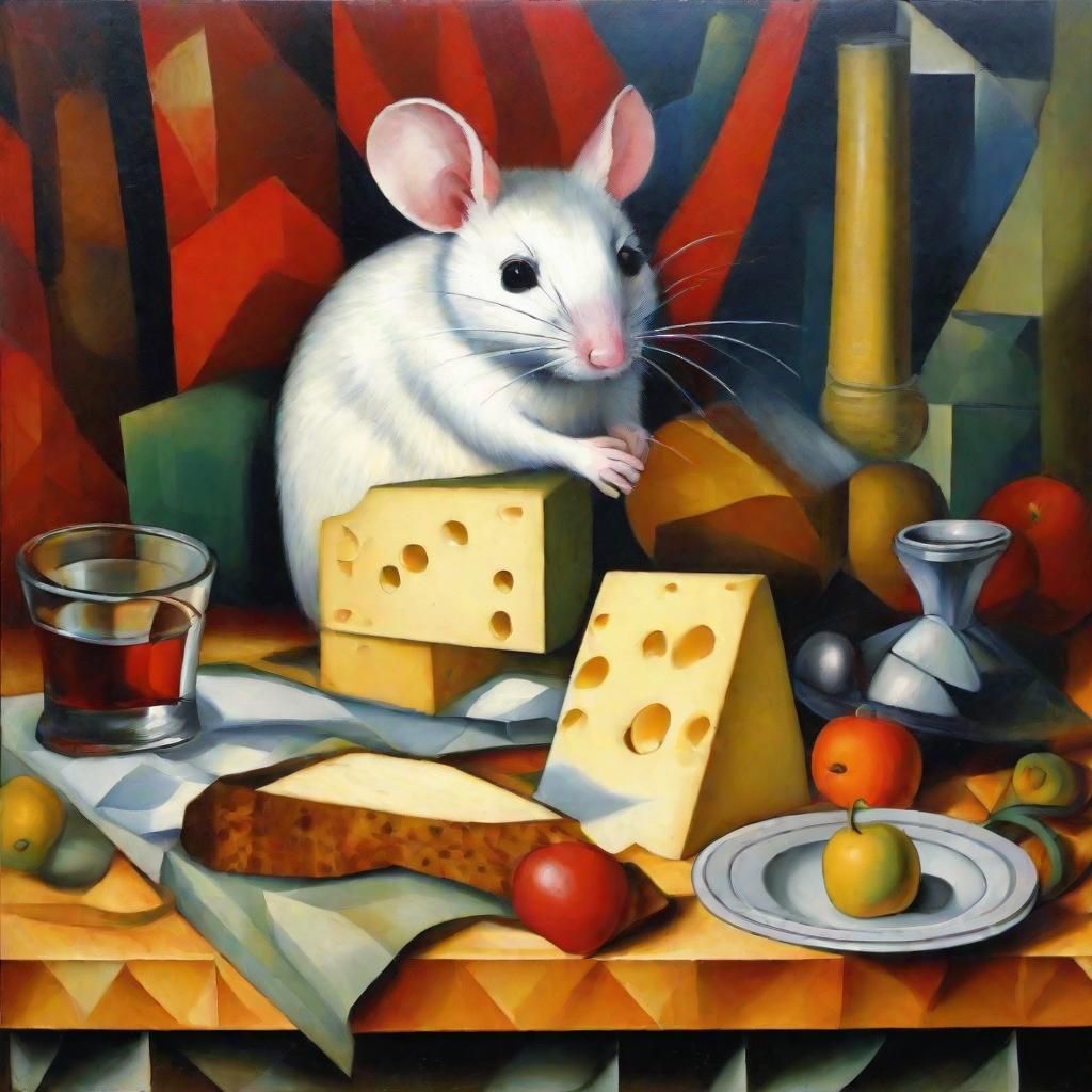 Cubist Mouse on Cheese Table in Cubism Style