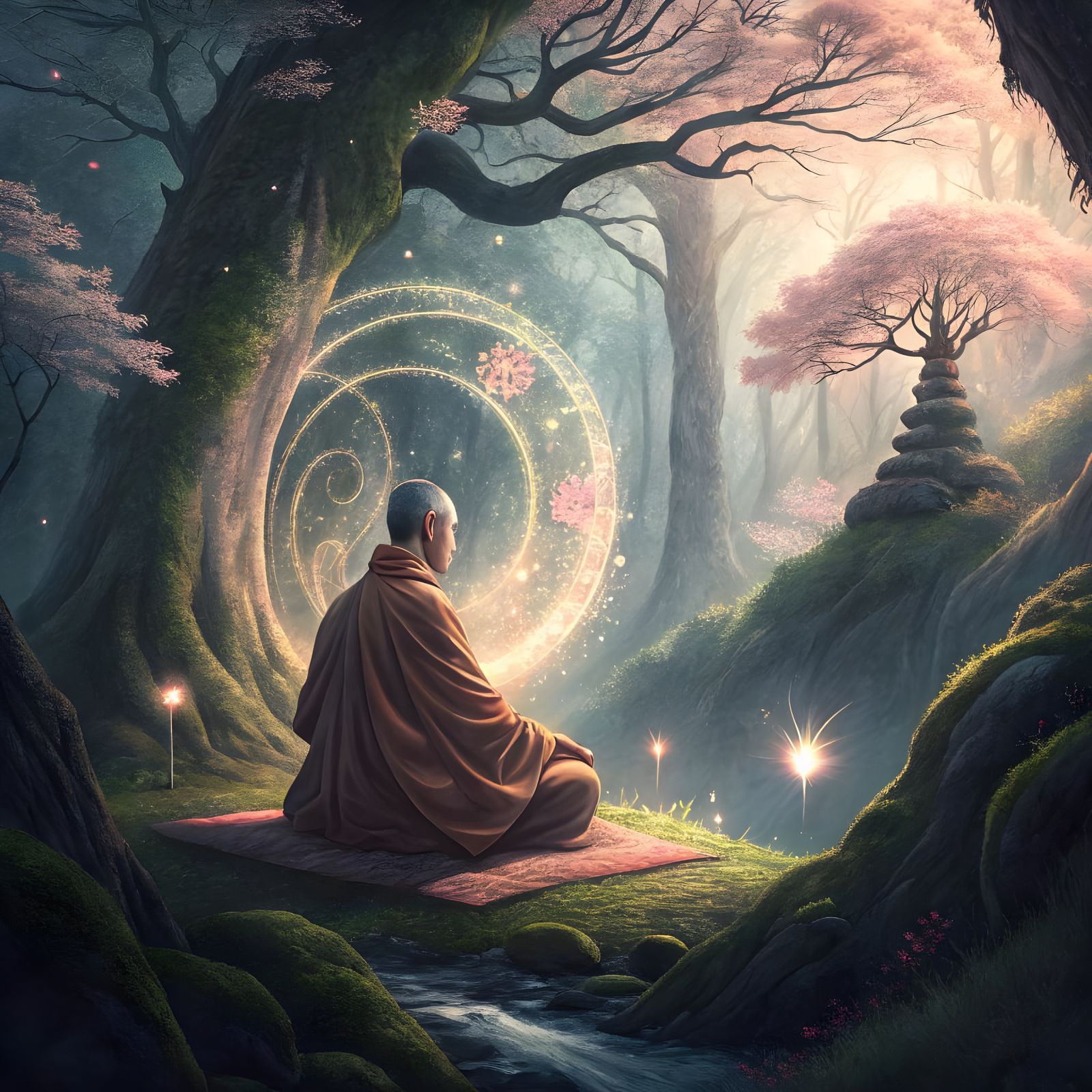 Serene Monk in Futuristic Mystic Landscape