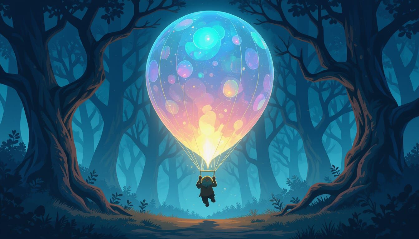 Iridescent Balloon Drifting Through Haunted Forest