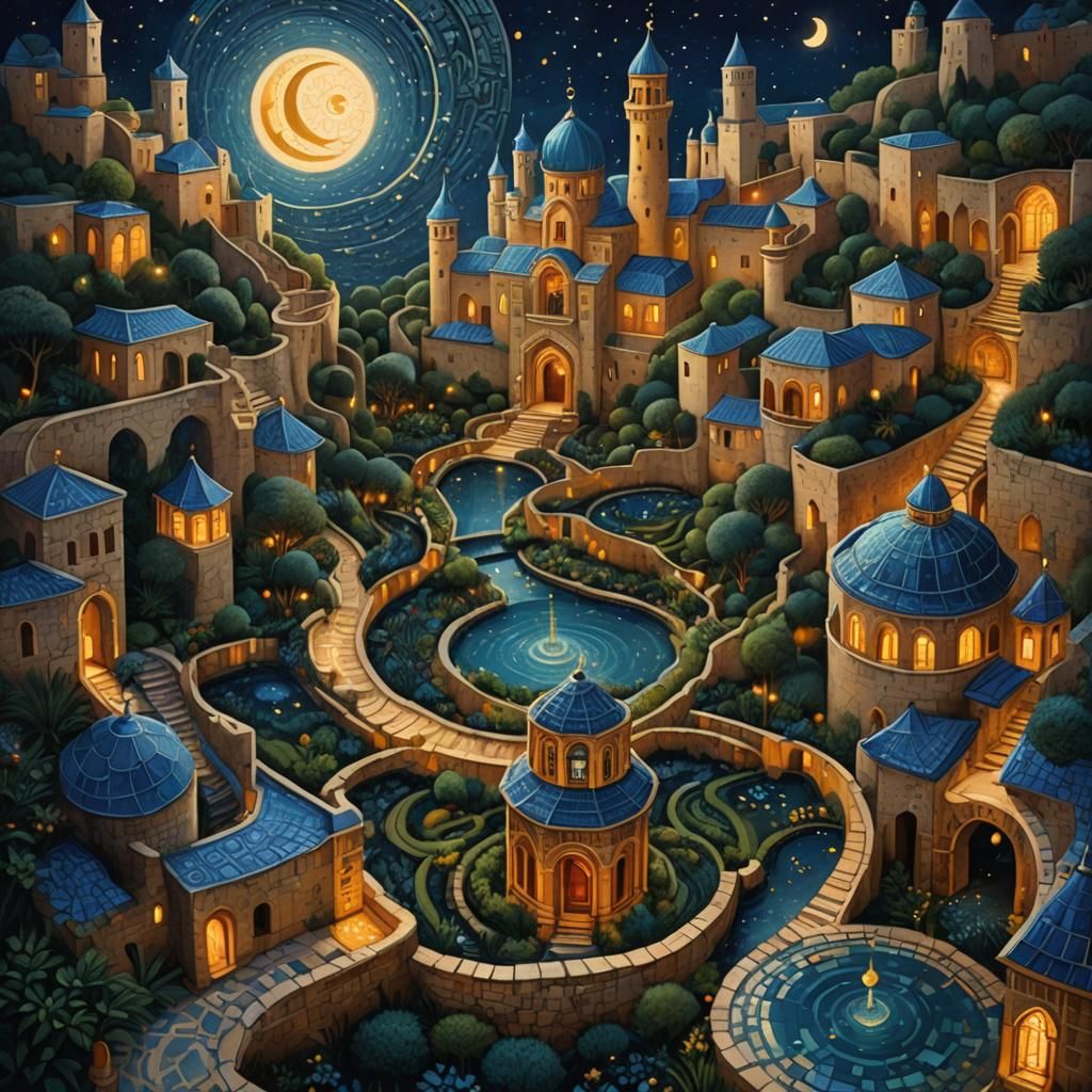 Moorish Castle Gardens at Night in Oil Painting Style