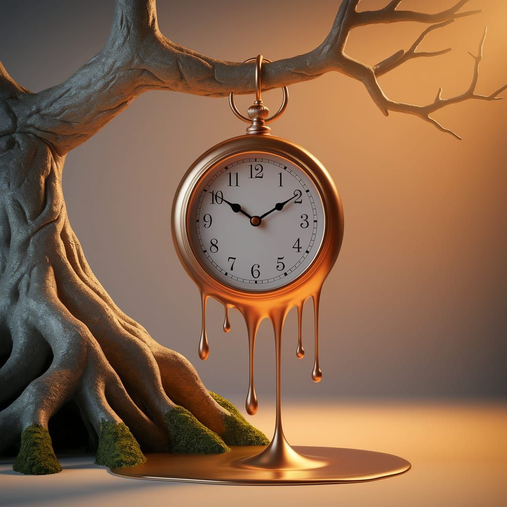 Surreal Melting Clock on Tree Branch as a Dali Painting