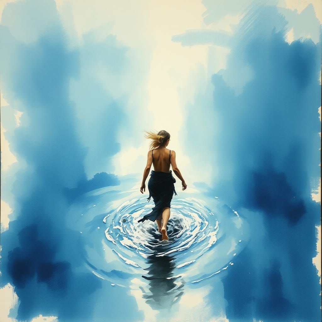 Woman Walking into Blue Sea: Charcoal Sketch