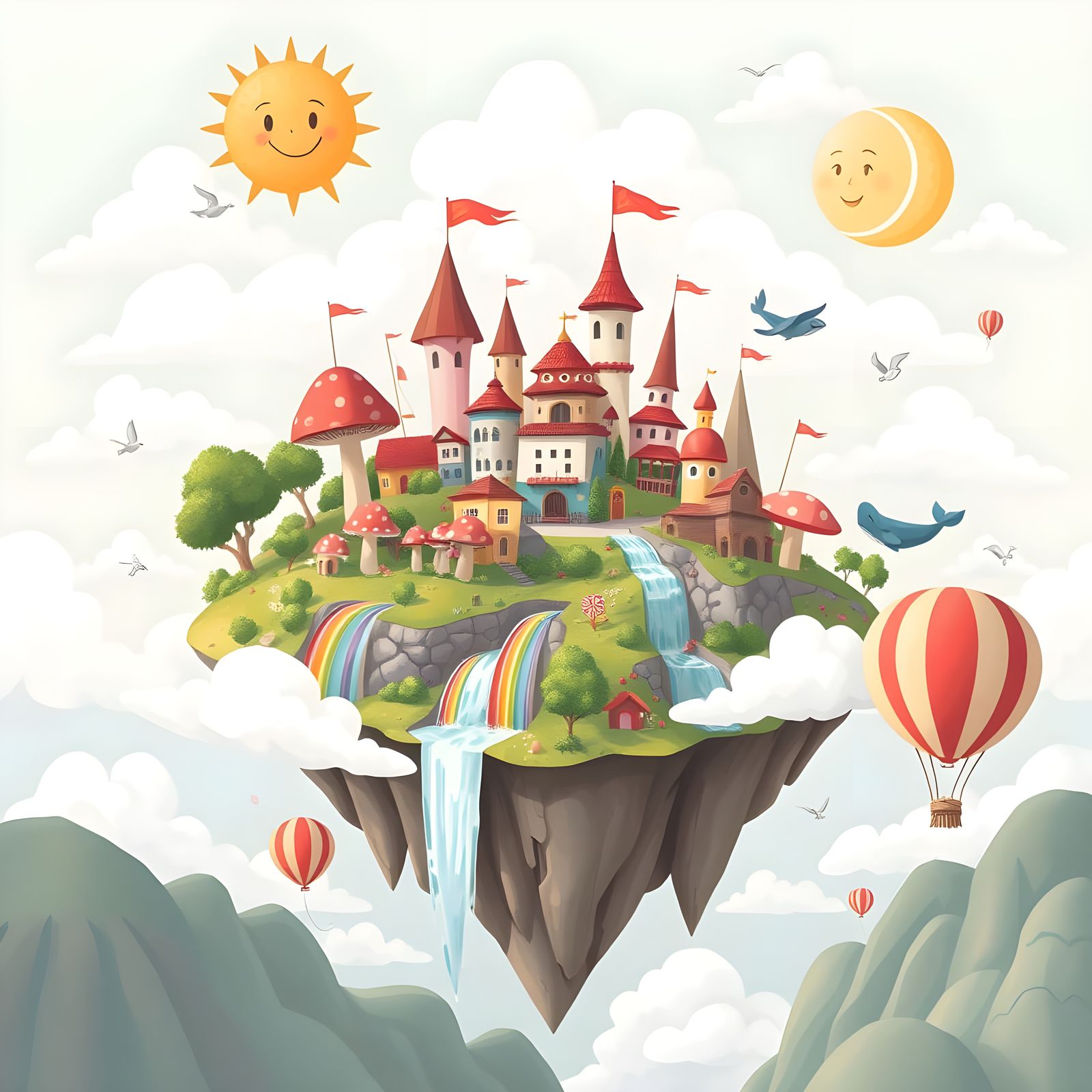 Cartoon Floating Island City in the Clouds