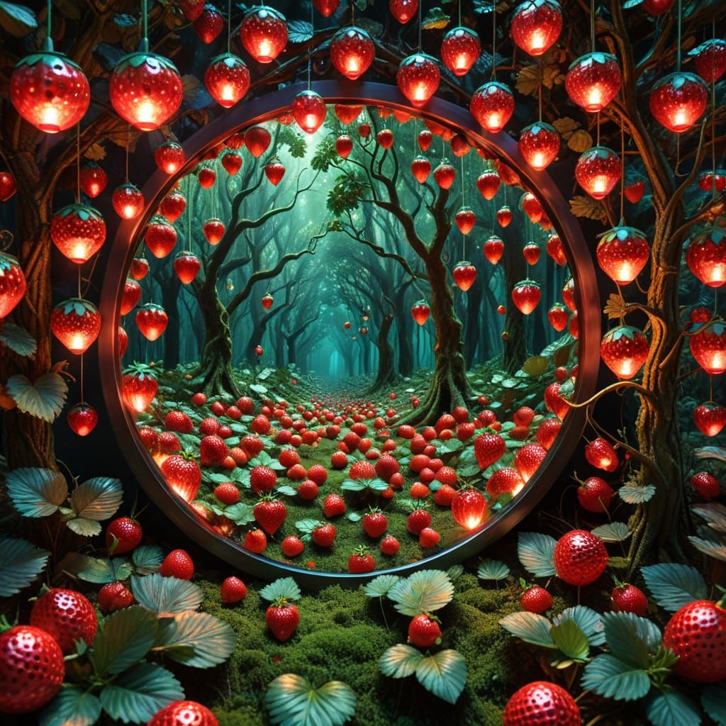 Whimsical Strawberry Forest Infinity Mirror Art