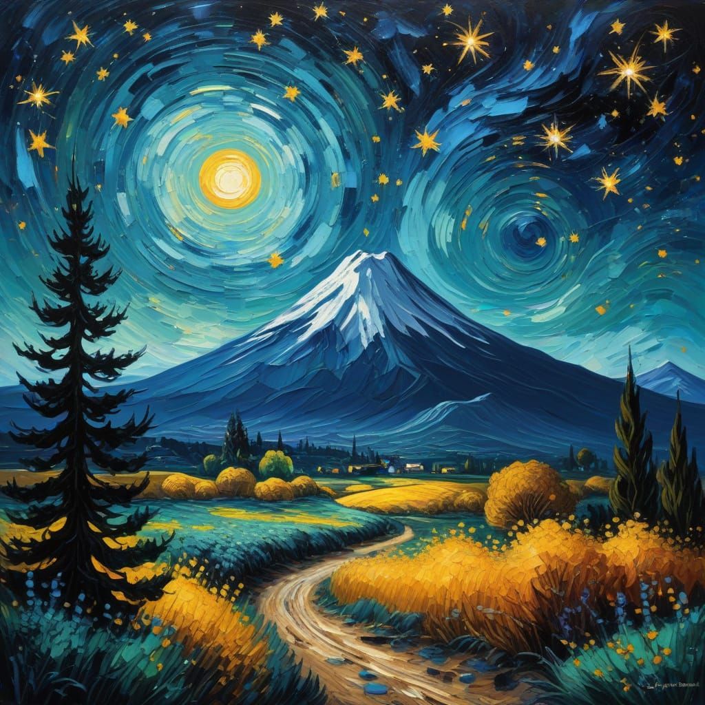 Vibrant Starry Night Landscape in Expressive Post-Impression...