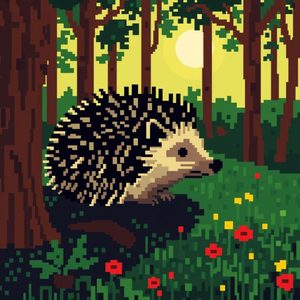 Pixelated Hedgehog in Pixel Forest, Cubist Style