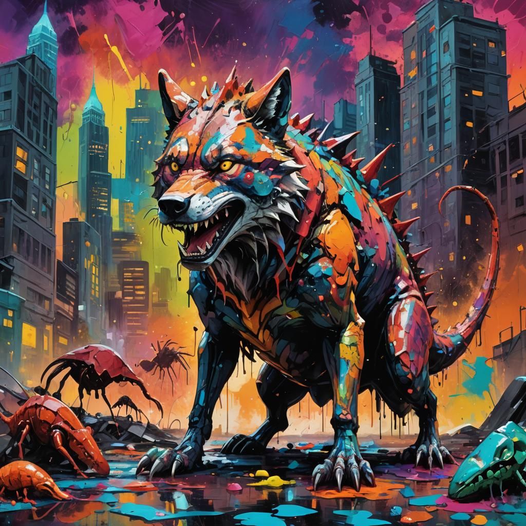 Wolf-Dinosaur Hybrid with Giant Ant, Abstract Expressionism