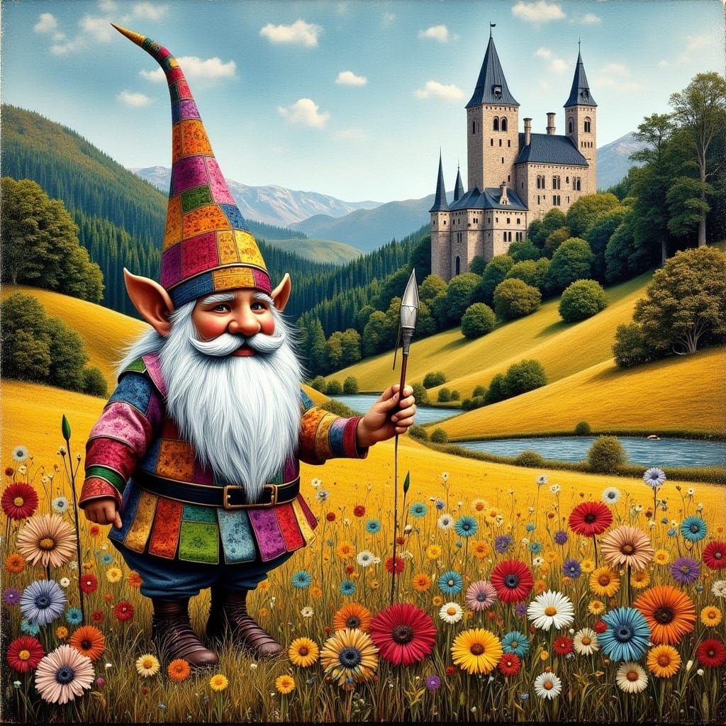 a impasto painting of a gnome with a patchwork  hat and clot...