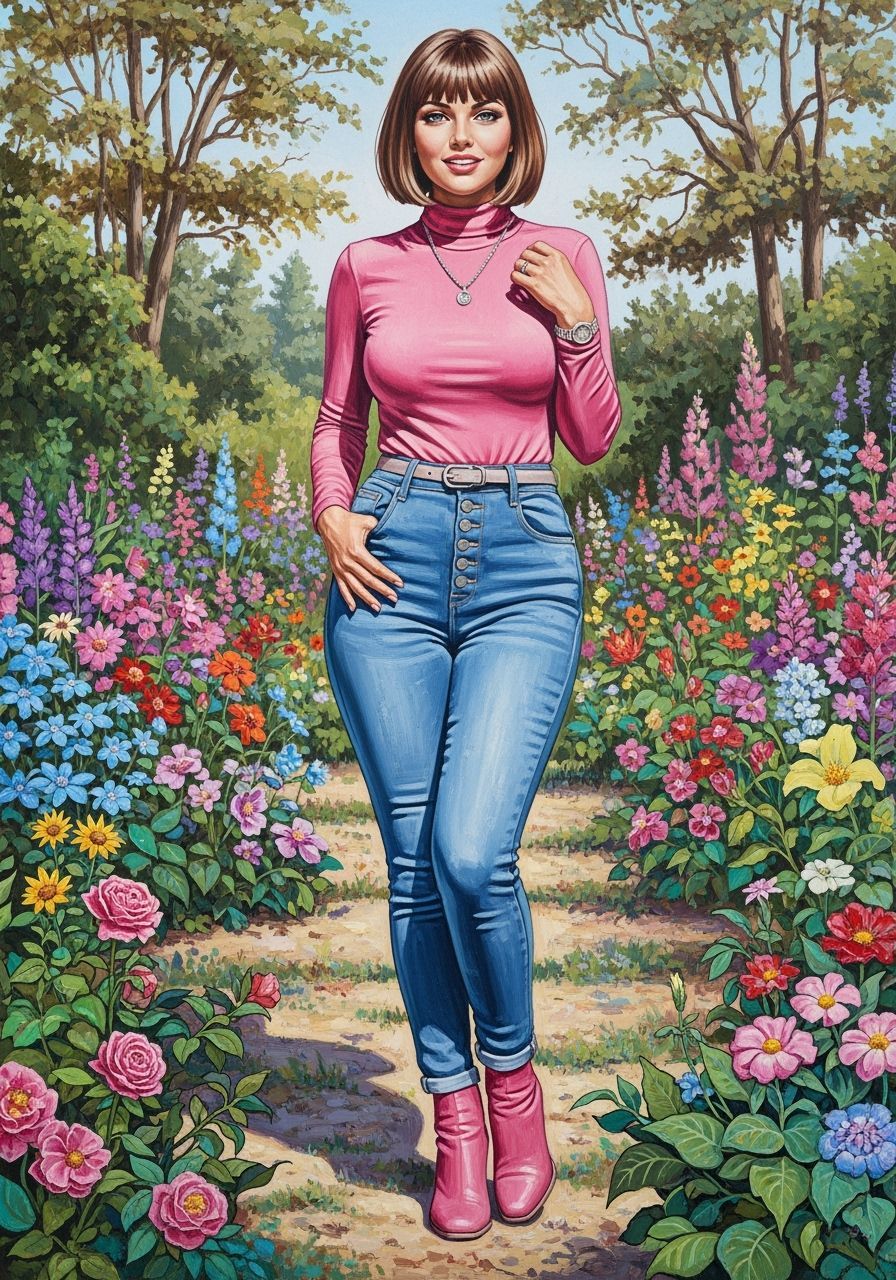Oil Painting of Woman in Skinny Jeans in Vibrant Garden