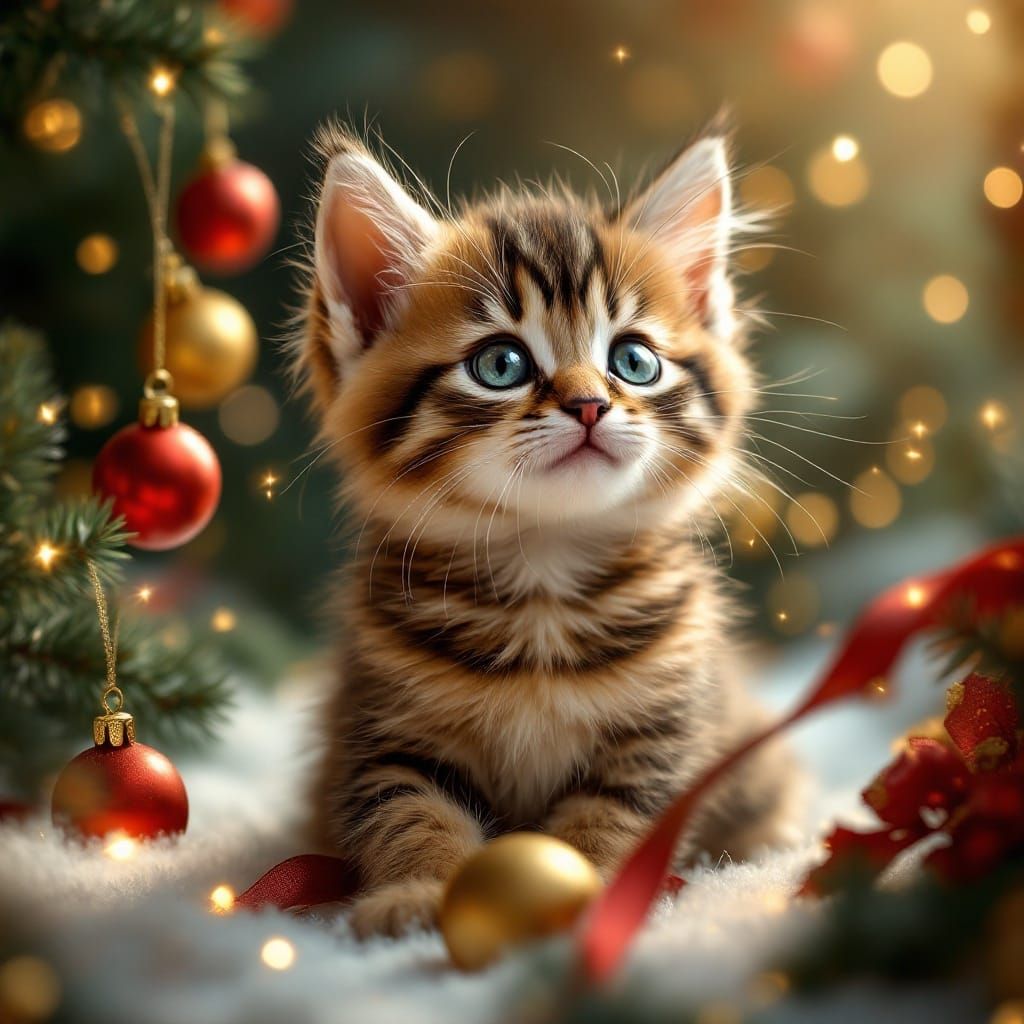 Whimsical Christmas Kitten Portrait in Art Nouveau Style