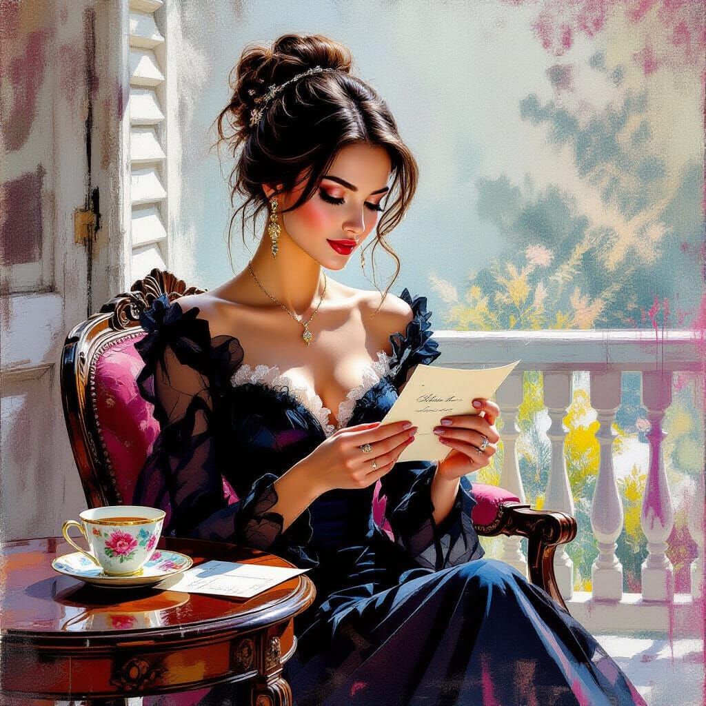 Woman on Veranda with Tea and Letter, Vibrant Polychromatic ...