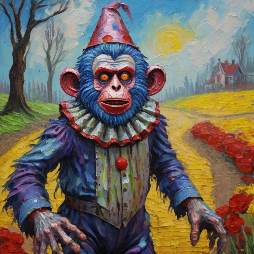 Zombie Monkey Clown in Expressionist Oil Painting Style