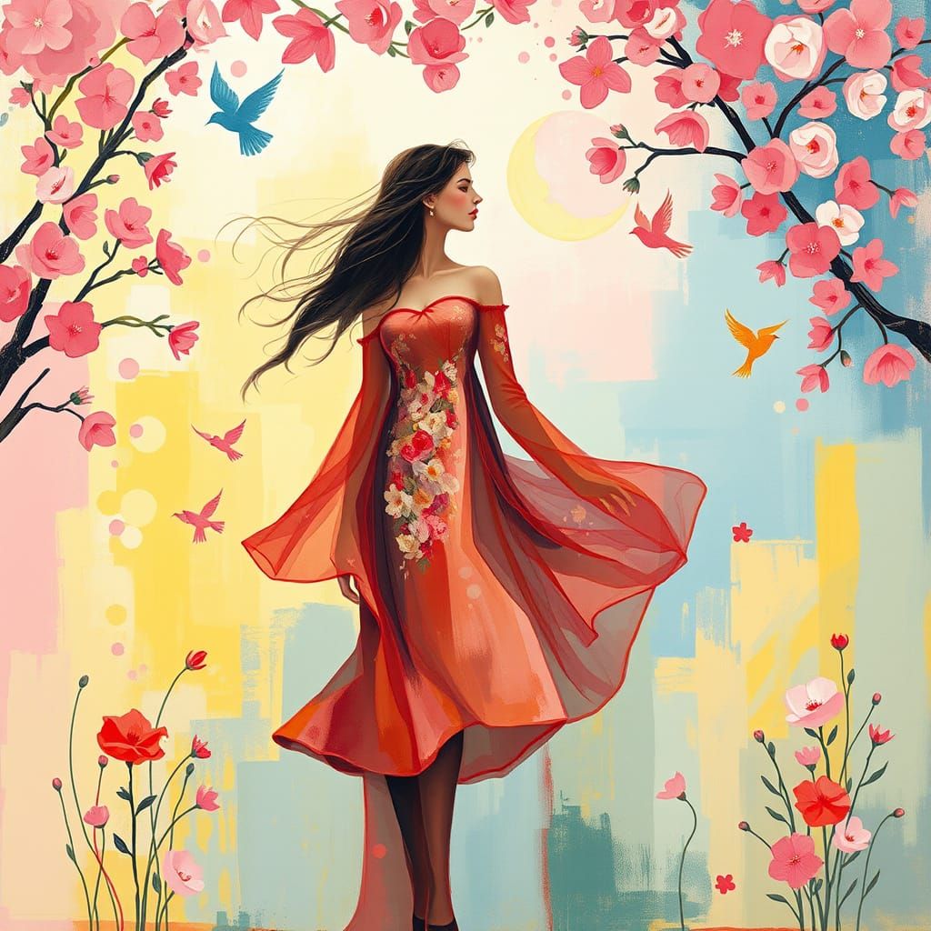 Whimsical Woman in Vibrant Floral Dreamscapes