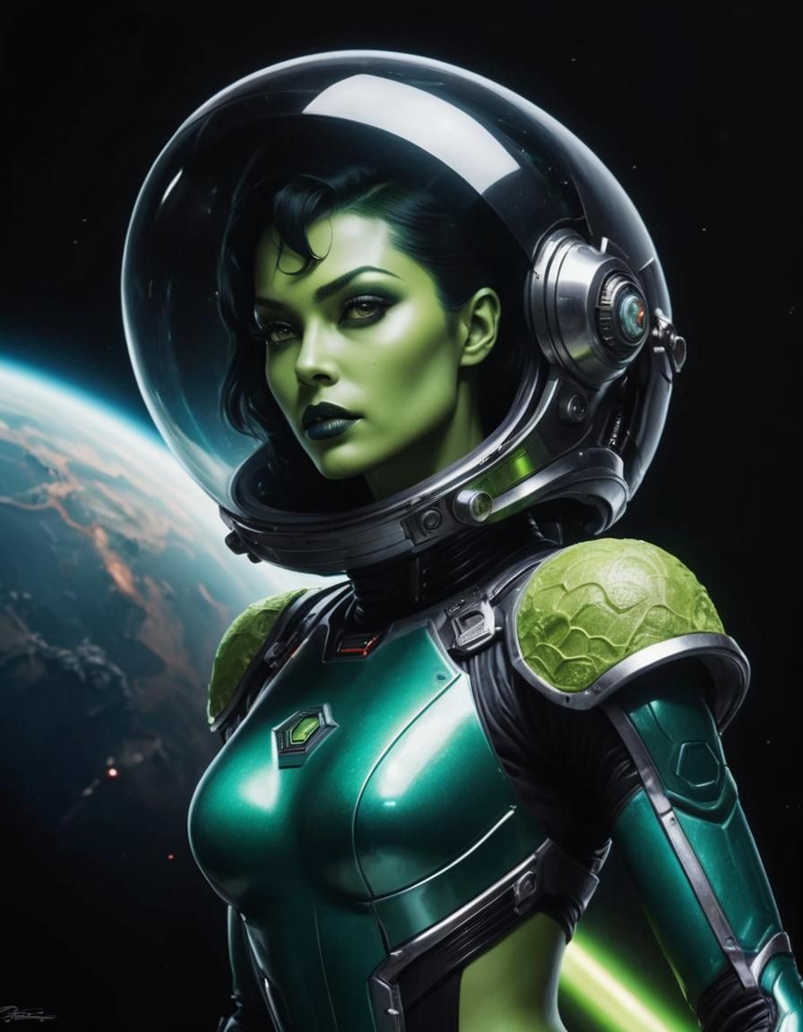 Sci-Fi Alien Pinup in Retrofuturistic Art Deco Style