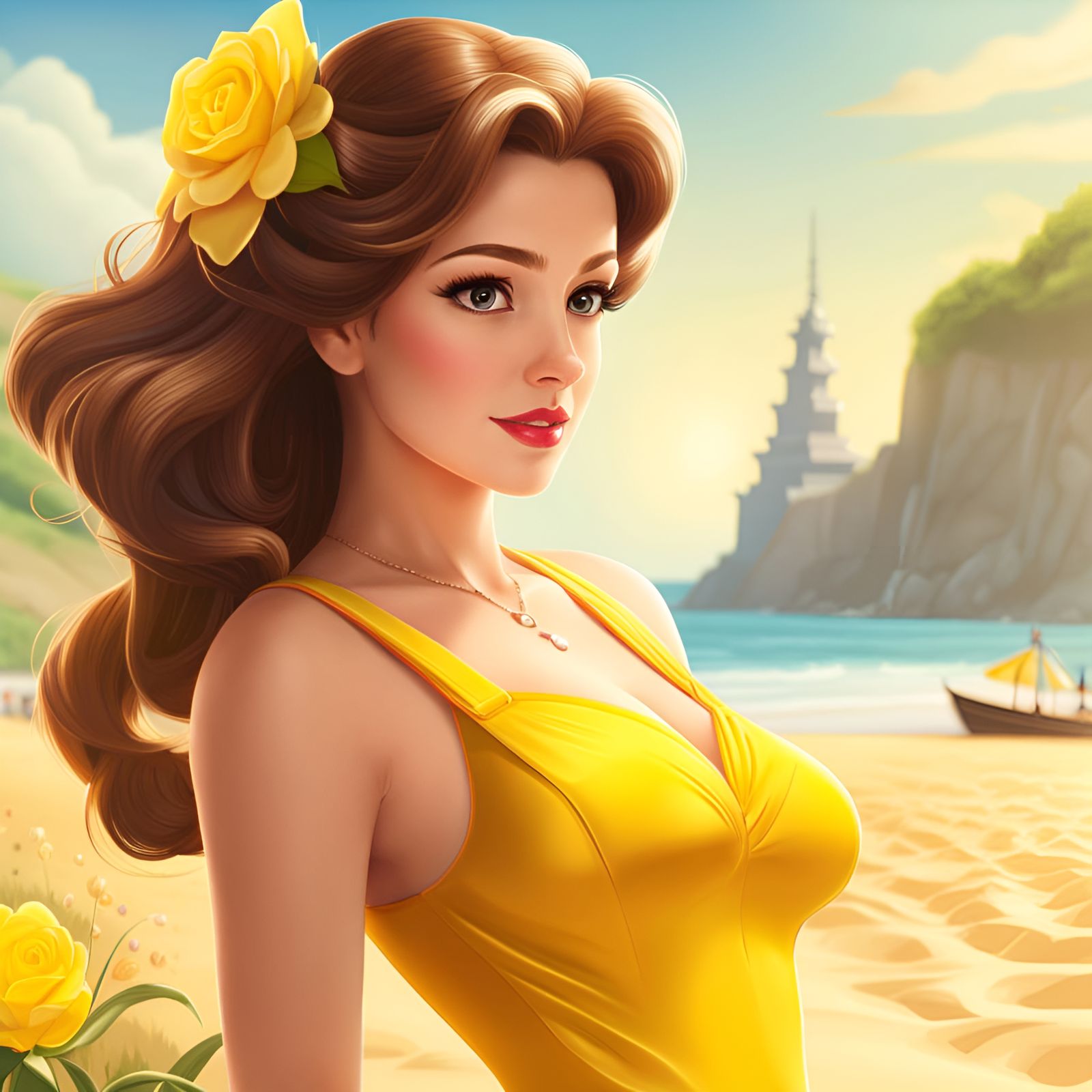 Princess Belle in Yellow Swimsuit at the Beach