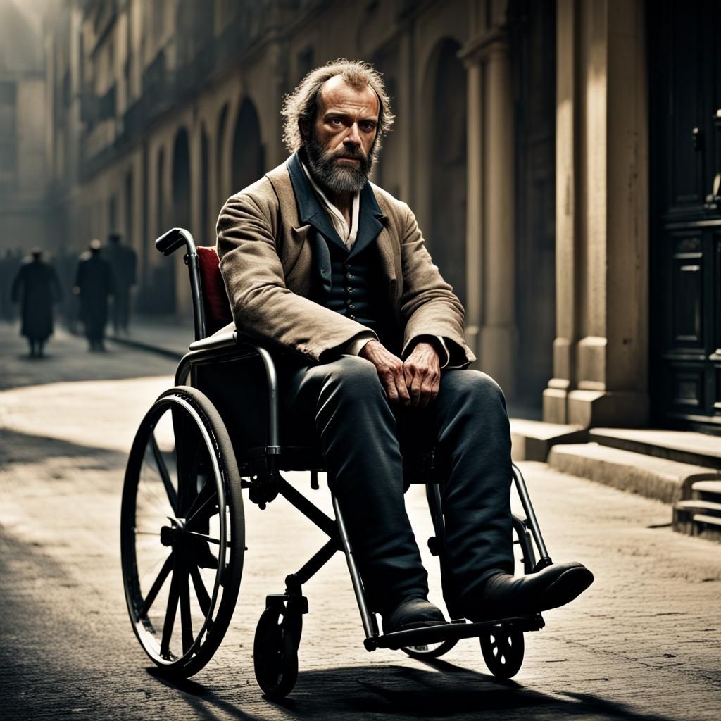 Hyperrealistic Jean Valjean in Wheelchair